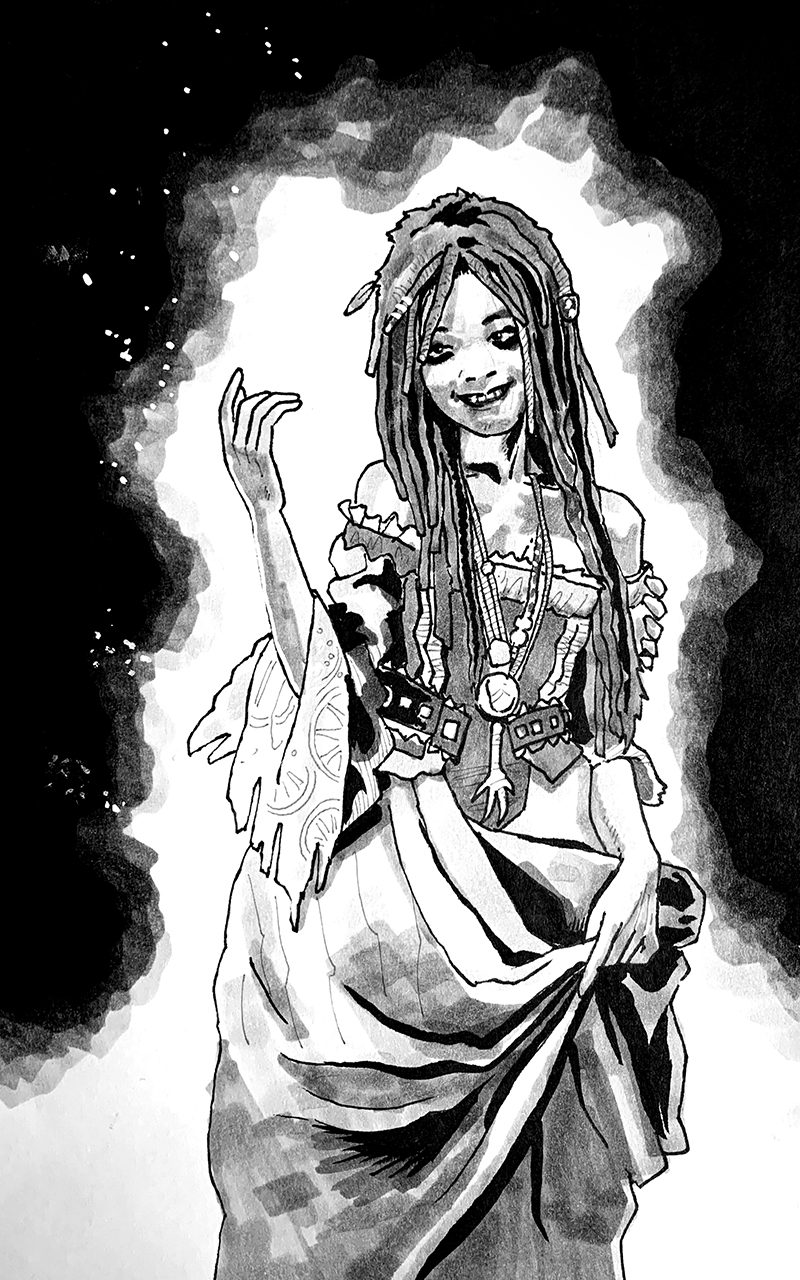Tia Dalma. Traditional artwork by Neil Saldana-O'Brien.