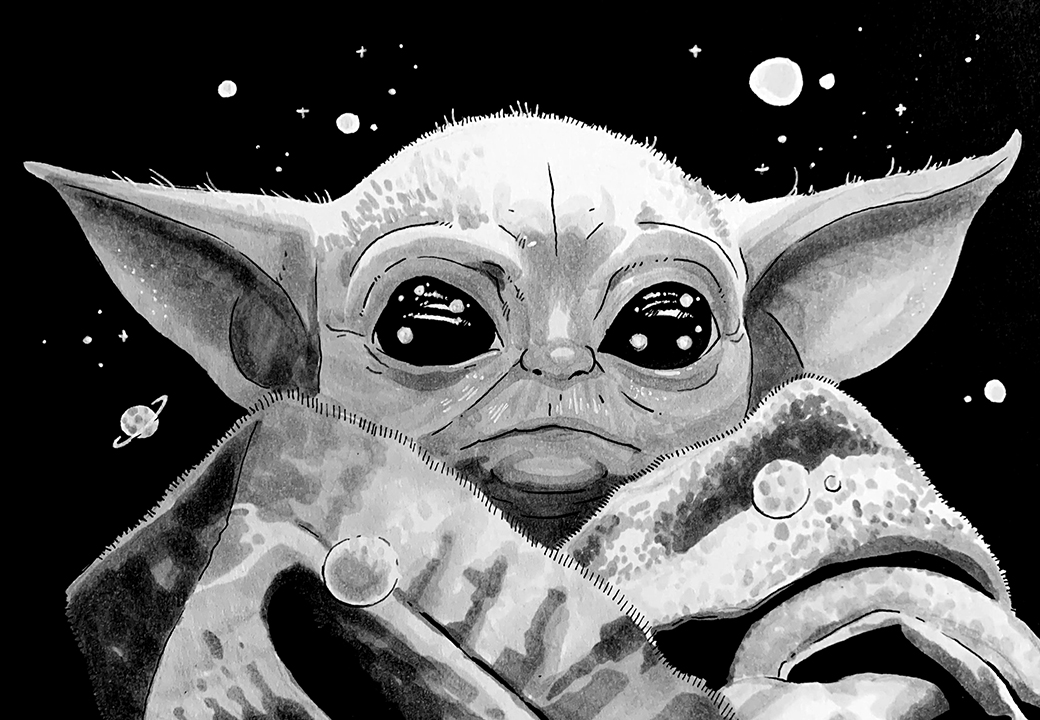 Baby Yoda. Traditional artwork by Neil Saldana-O'Brien.